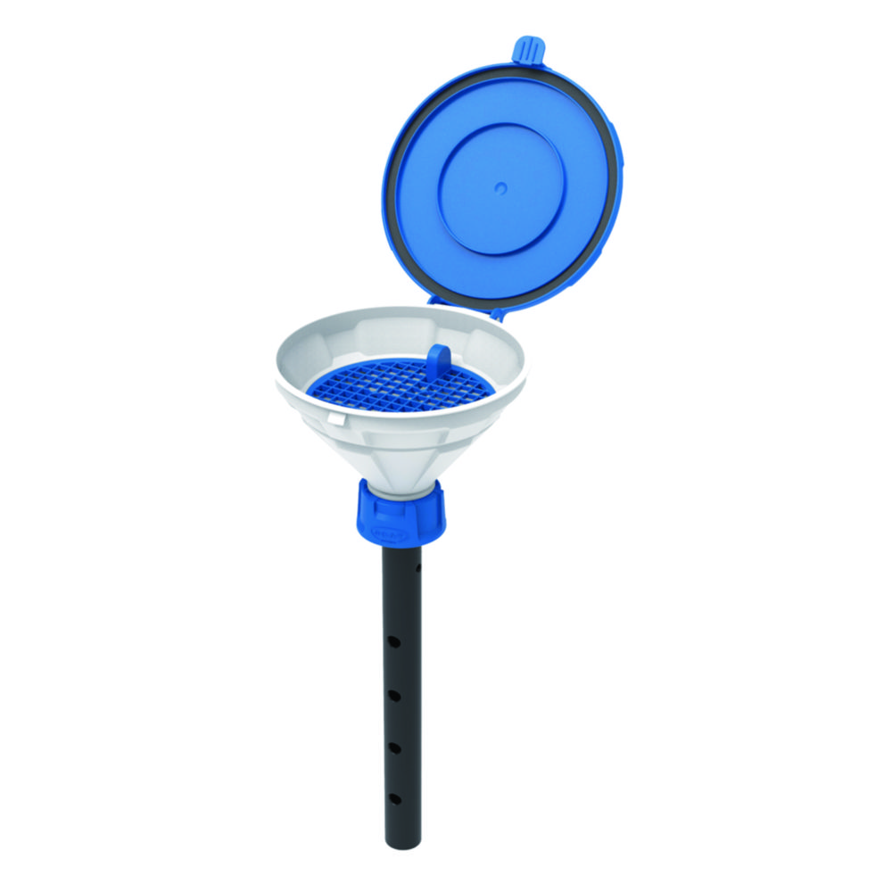 Safety funnels with hinged lid, V2.0, white/blue, HDPE