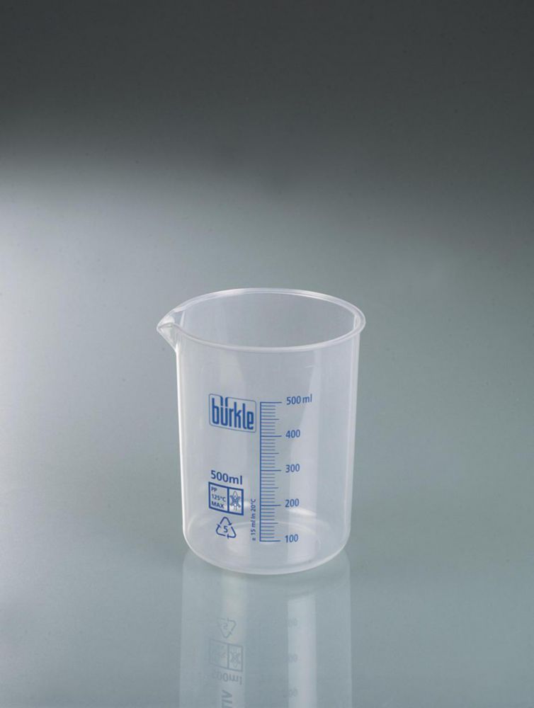 Griffin beaker 500 ml, PP blue-embossed graduation, translucent
