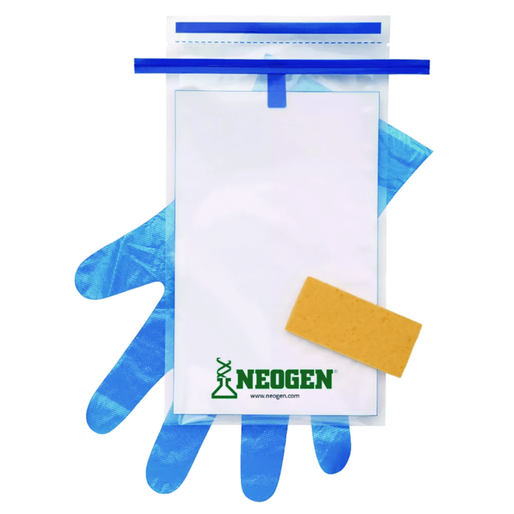 Probenbeutel mit hydratisiertem Schwamm, mit gepufferter Pepton-Wasser-Bouillon und 2 Handschuhen