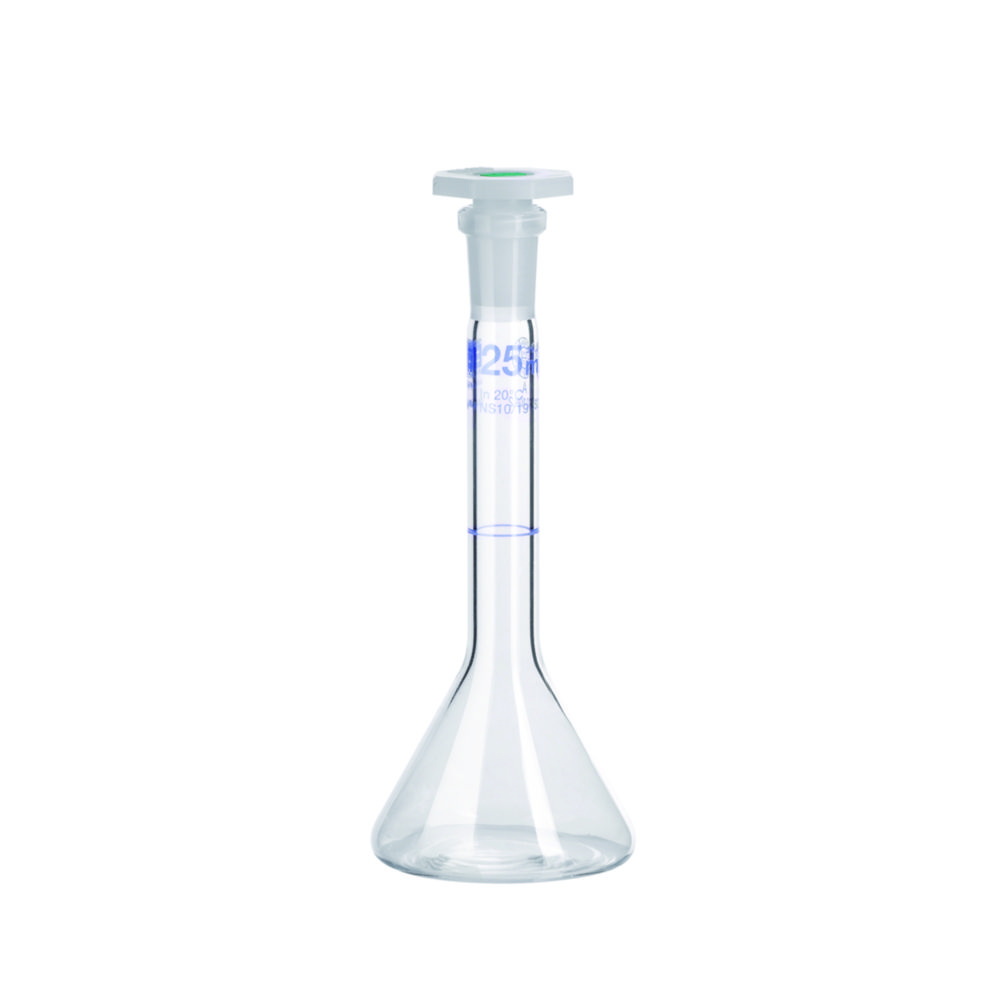 Volumetric trapezoidal flasks, DURAN®, class A, blue graduation, with PE stopper