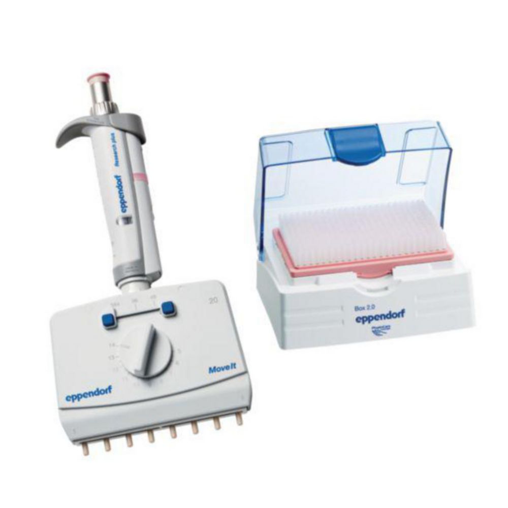 Eppendorf Research® plus Move It®, 8-Kanal, 4,5-14 mm Konenabstand, variabel, inkl. epT.I.P.S.®-Box 2.0 mit 384 Pipettenspitzen, 1 – 20 µL, hellrosa