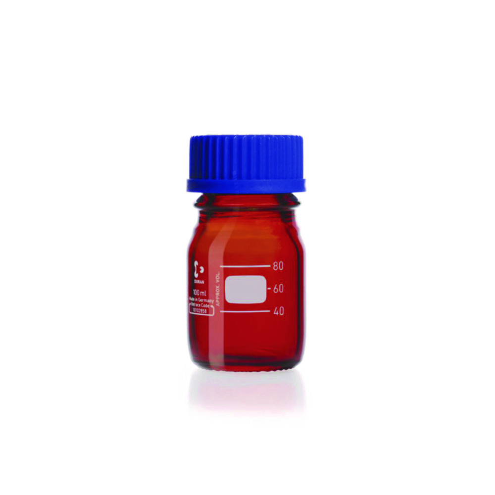 Laboratory bottle, DURAN® amber, with screw cap and pouring ring made of PP